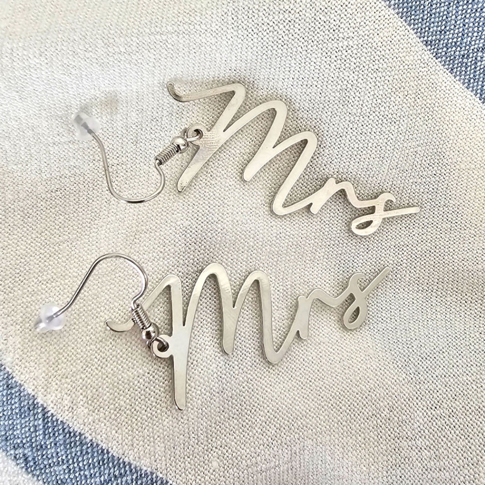Silver Letter Drop MRS Earrings